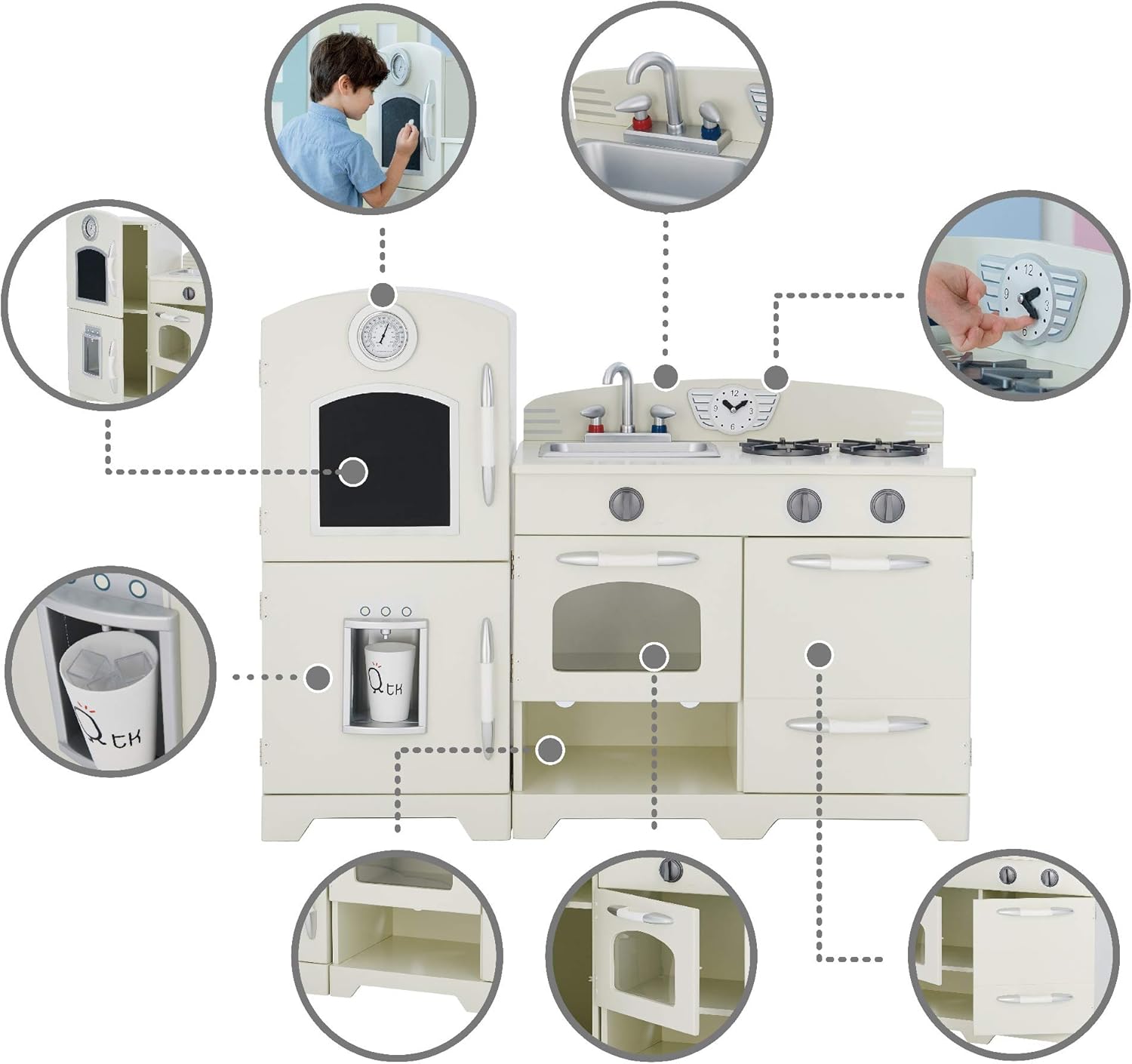 Teamson Kids Little Chef Fairfield Retro Modular Interactive Wooden Play Kitchen with Refrigerator, Sink, Stove, and Storage Space for Easy Clean Up, Off-White with Chrome Accents