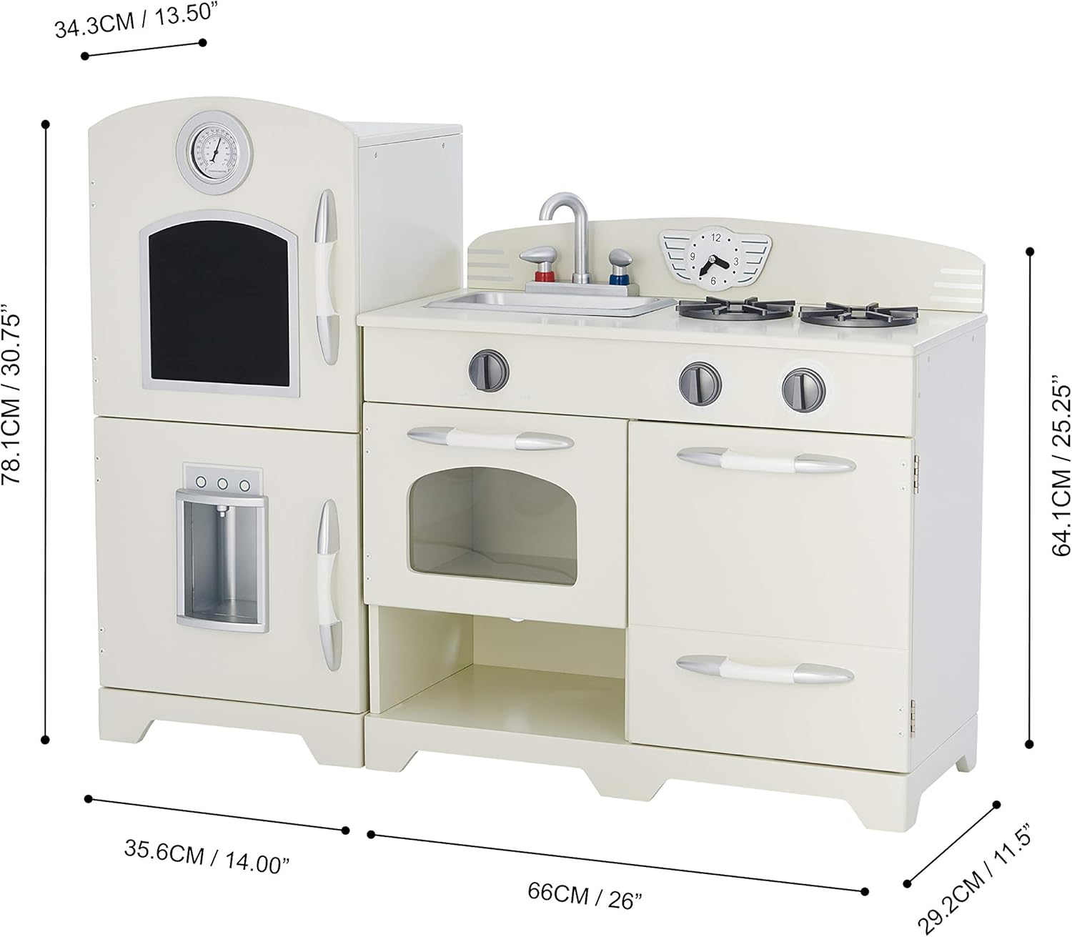 Teamson Kids Little Chef Fairfield Retro Modular Interactive Wooden Play Kitchen with Refrigerator, Sink, Stove, and Storage Space for Easy Clean Up, Off-White with Chrome Accents