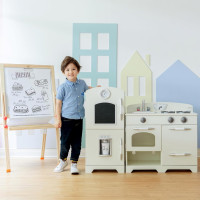Teamson Kids Little Chef Fairfield Retro Modular Interactive Wooden Play Kitchen with Refrigerator, Sink, Stove, and Storage Space for Easy Clean Up, Off-White with Chrome Accents