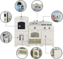 Teamson Kids Little Chef Fairfield Retro Modular Interactive Wooden Play Kitchen with Refrigerator, Sink, Stove, and Storage Space for Easy Clean Up, Off-White with Chrome Accents