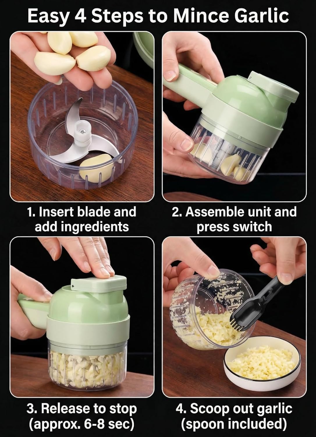 Multi functional electric vegetable slicers，4-in-1vegetable cutter, garlic chopper mini, garlic food processor, electric wireless food slicer