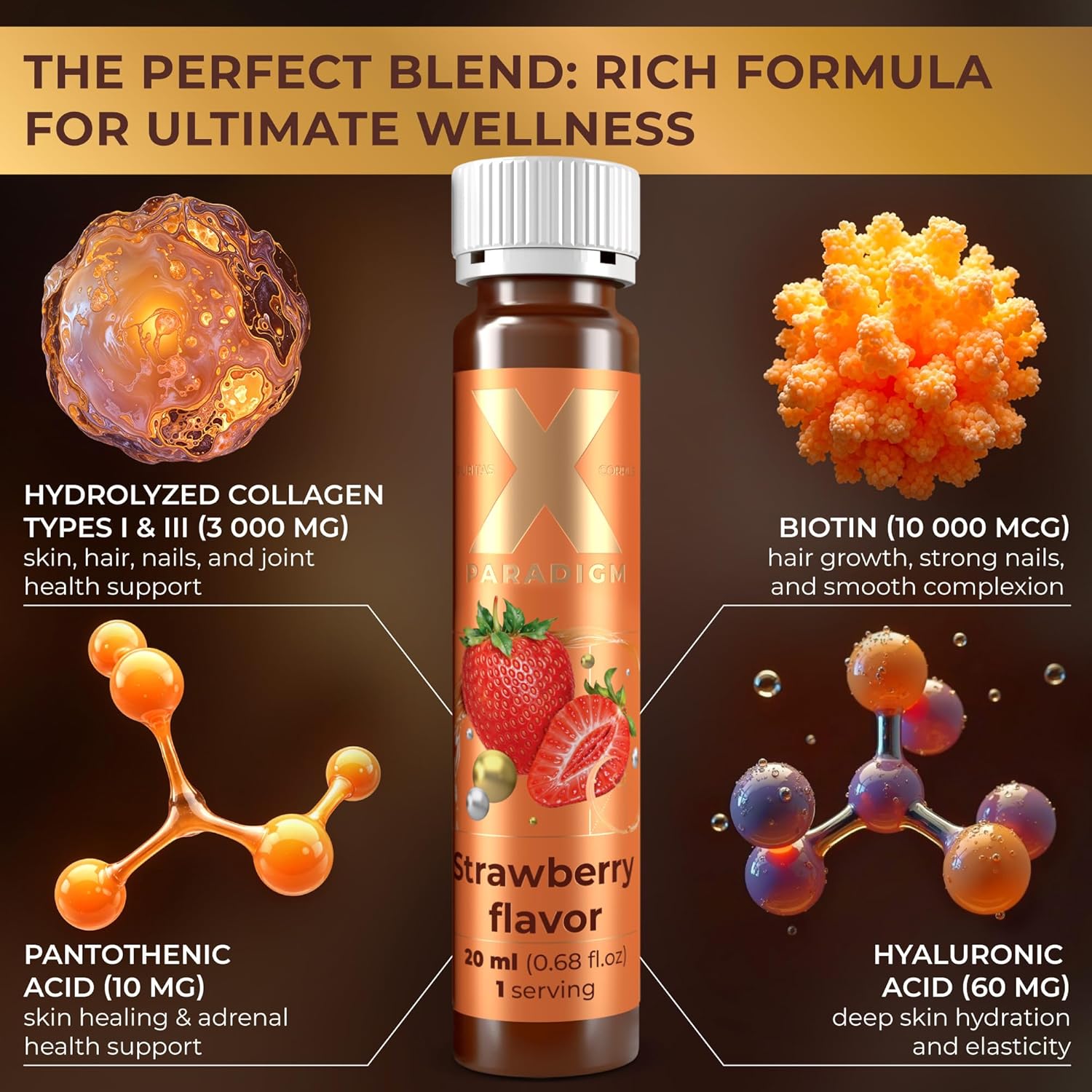 Liquid Collagen Peptides with Biotin & Hyaluronic Acid - 3000mg Hydrolyzed Bovine Collagen Type 1 and 3, Biotin 10000mcg, Vitamins B5, B6, C & E - Liquid Collagen for Women and Men, Collagen Shots