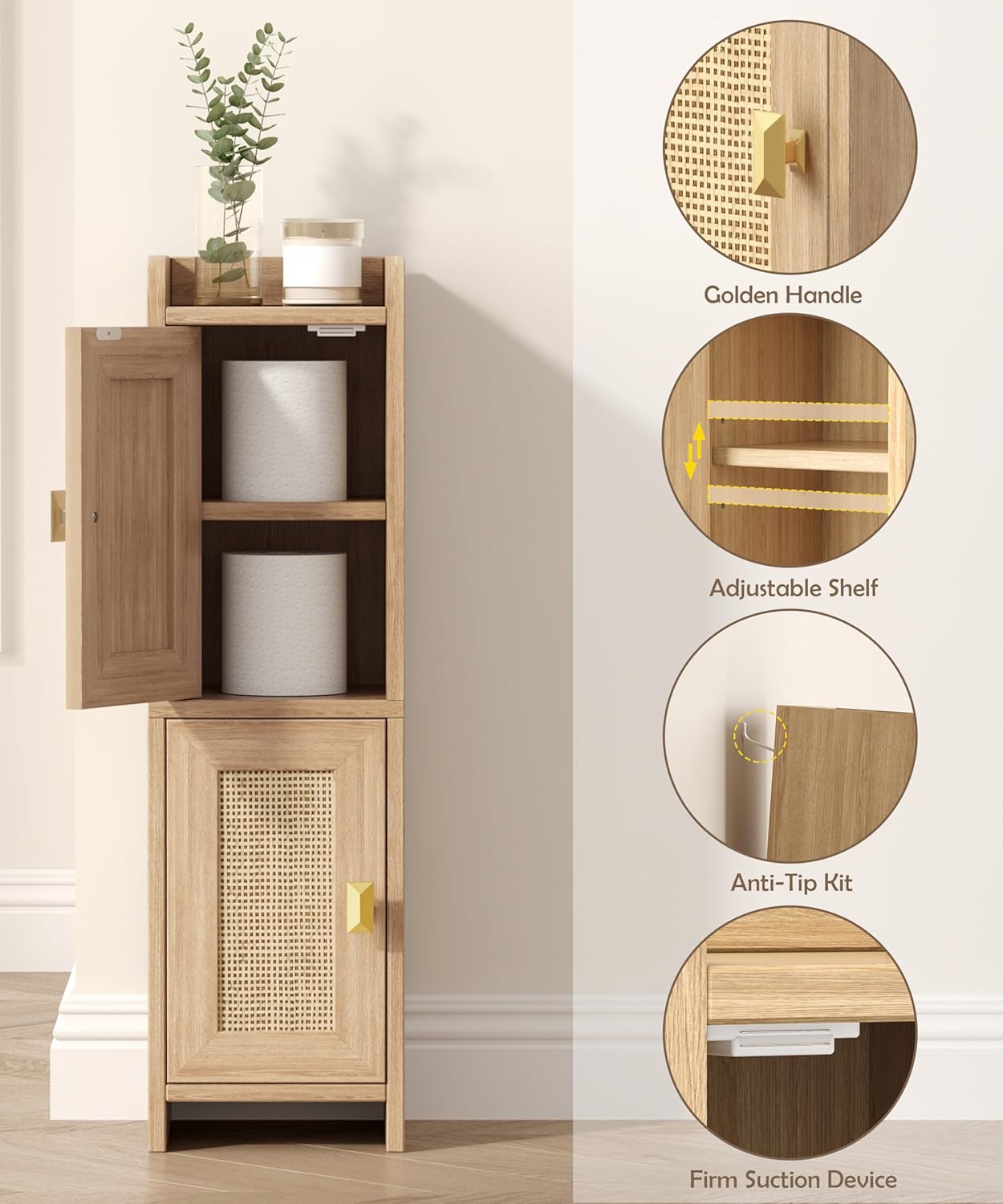 Rattan Small Bathroom Cabinet with 2 Doors, 7.9''D x 7.9''W Narrow Toilet Paper Storage Cabinet, Bathroom Organizer for Small Spaces, Wooden Slim Corner Unit with Adjustable Shelf, Natural Oak Natural Oak 7.9