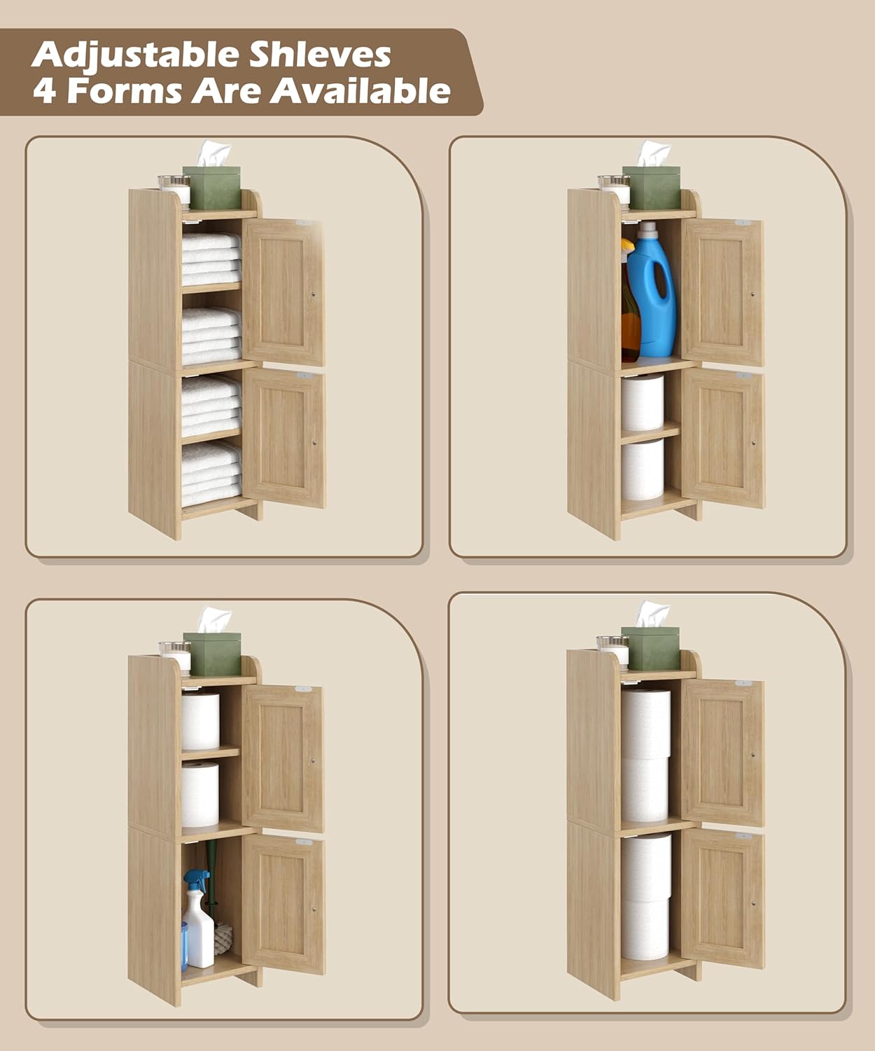 Rattan Small Bathroom Cabinet with 2 Doors, 7.9''D x 7.9''W Narrow Toilet Paper Storage Cabinet, Bathroom Organizer for Small Spaces, Wooden Slim Corner Unit with Adjustable Shelf, Natural Oak Natural Oak 7.9