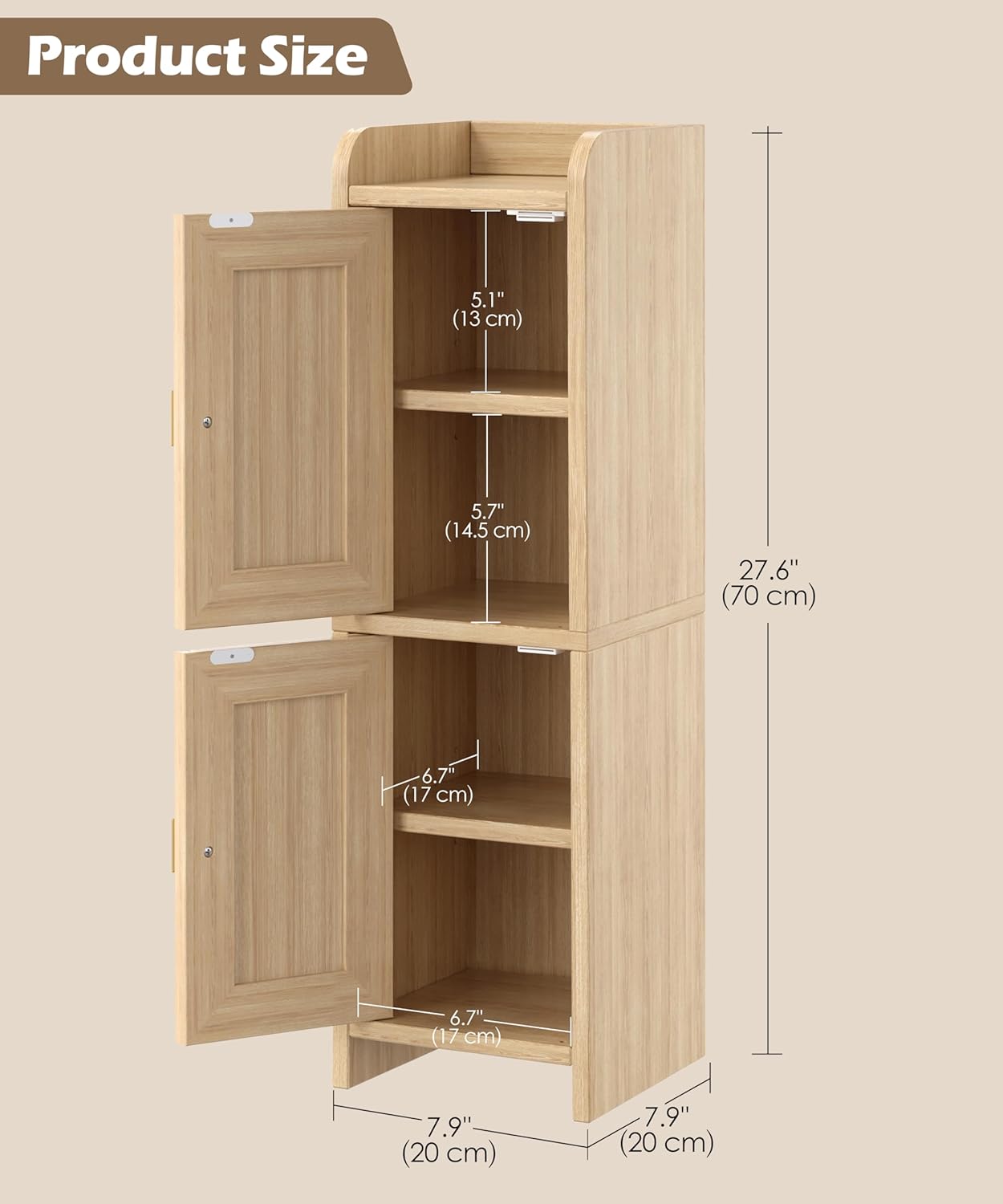 Rattan Small Bathroom Cabinet with 2 Doors, 7.9''D x 7.9''W Narrow Toilet Paper Storage Cabinet, Bathroom Organizer for Small Spaces, Wooden Slim Corner Unit with Adjustable Shelf, Natural Oak Natural Oak 7.9