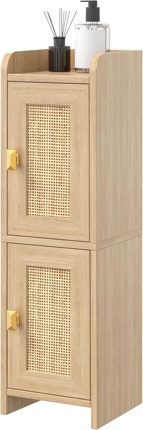 Rattan Small Bathroom Cabinet with 2 Doors, 7.9''D x 7.9''W Narrow Toilet Paper Storage Cabinet, Bathroom Organizer for Small Spaces, Wooden Slim Corner Unit with Adjustable Shelf, Natural Oak Natural Oak 7.9