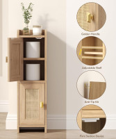 Rattan Small Bathroom Cabinet with 2 Doors, 7.9''D x 7.9''W Narrow Toilet Paper Storage Cabinet, Bathroom Organizer for Small Spaces, Wooden Slim Corner Unit with Adjustable Shelf, Natural Oak Natural Oak 7.9
