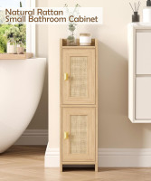 Rattan Small Bathroom Cabinet with 2 Doors, 7.9''D x 7.9''W Narrow Toilet Paper Storage Cabinet, Bathroom Organizer for Small Spaces, Wooden Slim Corner Unit with Adjustable Shelf, Natural Oak Natural Oak 7.9