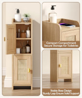 Rattan Small Bathroom Cabinet with 2 Doors, 7.9''D x 7.9''W Narrow Toilet Paper Storage Cabinet, Bathroom Organizer for Small Spaces, Wooden Slim Corner Unit with Adjustable Shelf, Natural Oak Natural Oak 7.9