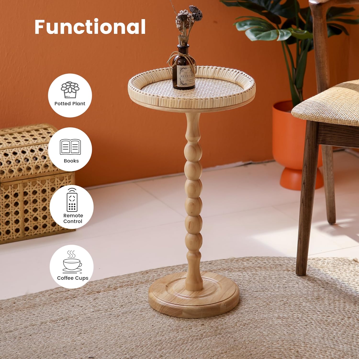 Drink Table，Rattan Round Small Side Table for Small Spaces, Boho Circle End Table Coffee Table with Solid Wood Leg for Living Room, Pedestal Table for Bedroom, Corners Boho side table A High: 21.4