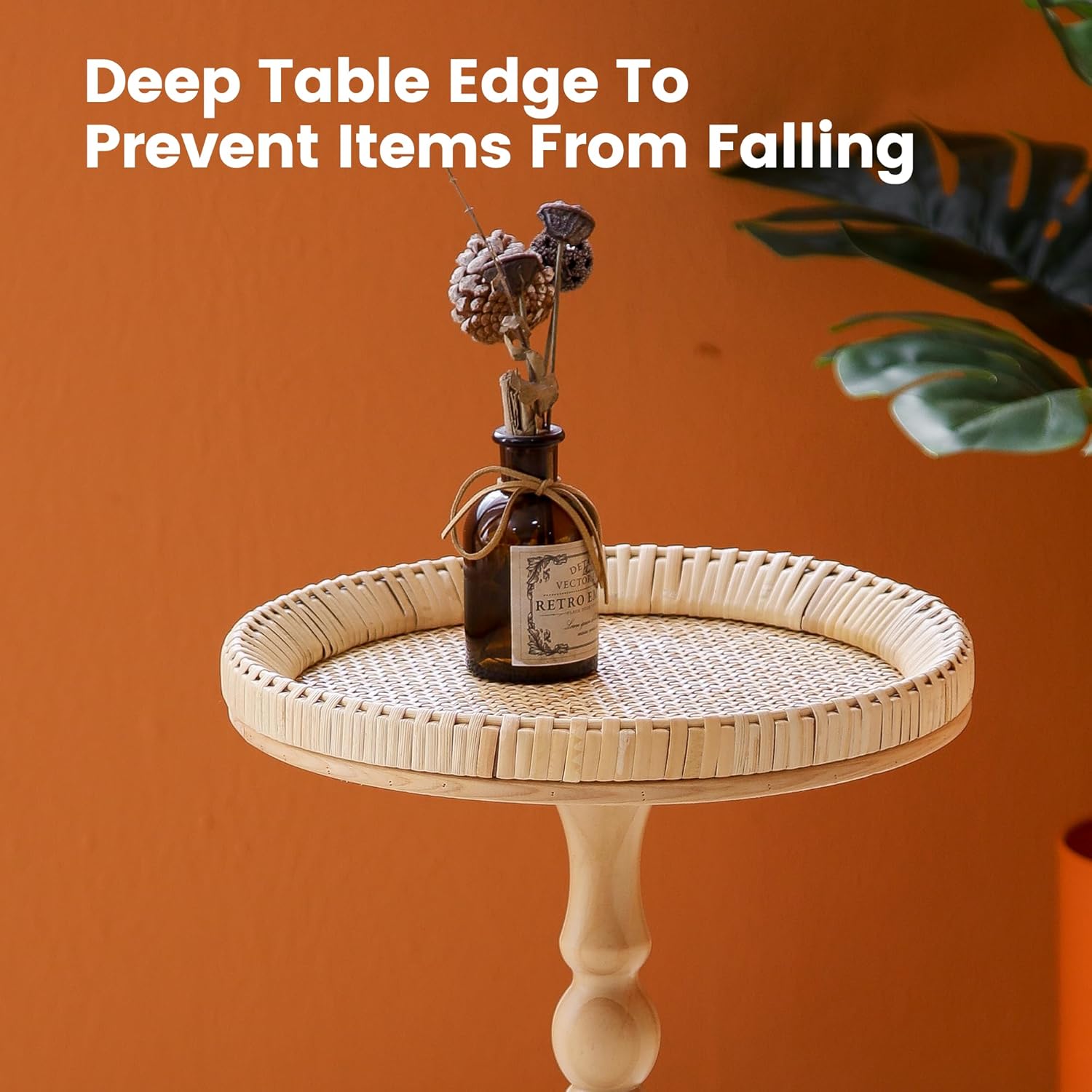 Drink Table，Rattan Round Small Side Table for Small Spaces, Boho Circle End Table Coffee Table with Solid Wood Leg for Living Room, Pedestal Table for Bedroom, Corners Boho side table A High: 21.4