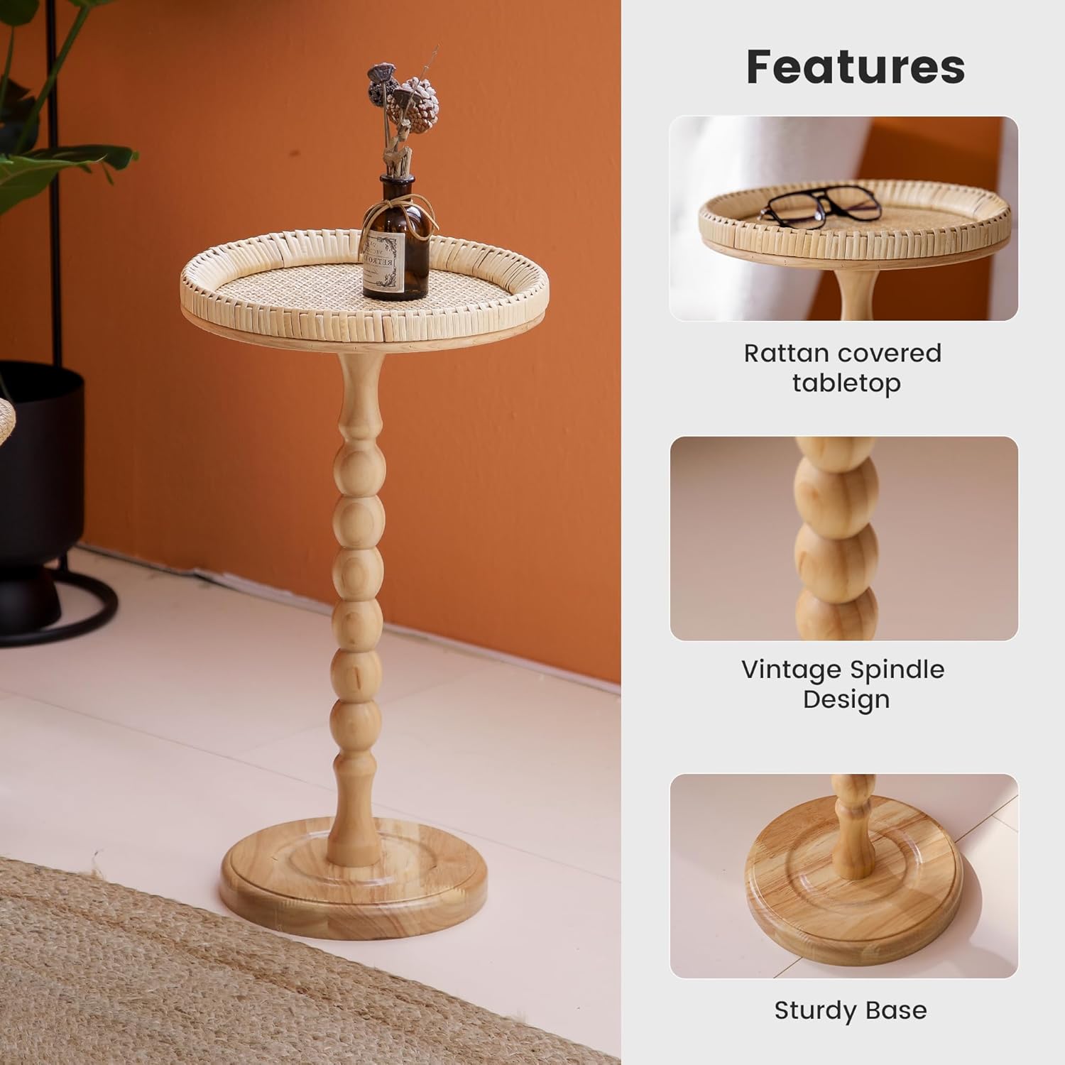 Drink Table，Rattan Round Small Side Table for Small Spaces, Boho Circle End Table Coffee Table with Solid Wood Leg for Living Room, Pedestal Table for Bedroom, Corners Boho side table A High: 21.4