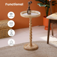 Drink Table，Rattan Round Small Side Table for Small Spaces, Boho Circle End Table Coffee Table with Solid Wood Leg for Living Room, Pedestal Table for Bedroom, Corners Boho side table A High: 21.4