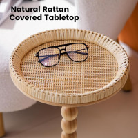 Drink Table，Rattan Round Small Side Table for Small Spaces, Boho Circle End Table Coffee Table with Solid Wood Leg for Living Room, Pedestal Table for Bedroom, Corners Boho side table A High: 21.4