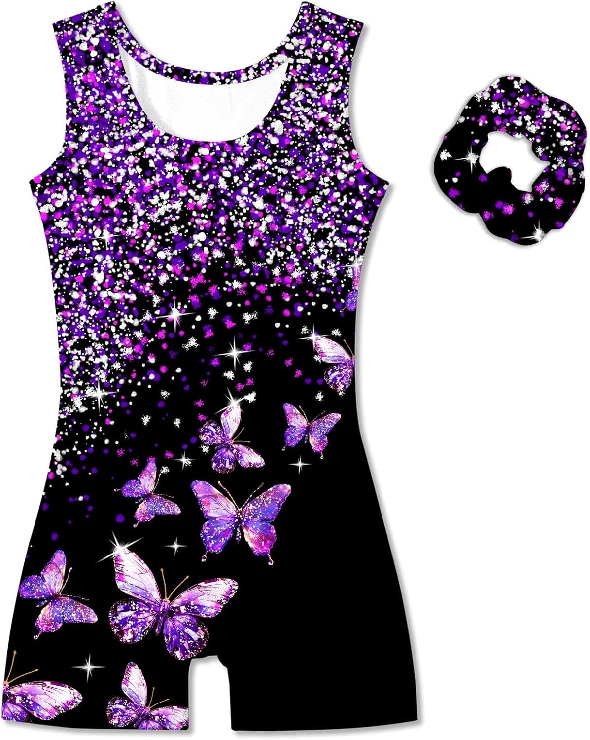 Vogseek 4-12Y Girl Gymnastic Leotards with Hair Scrunchie Sparkle Dance Unitards Active Biketards 11-12 Years Black Purple