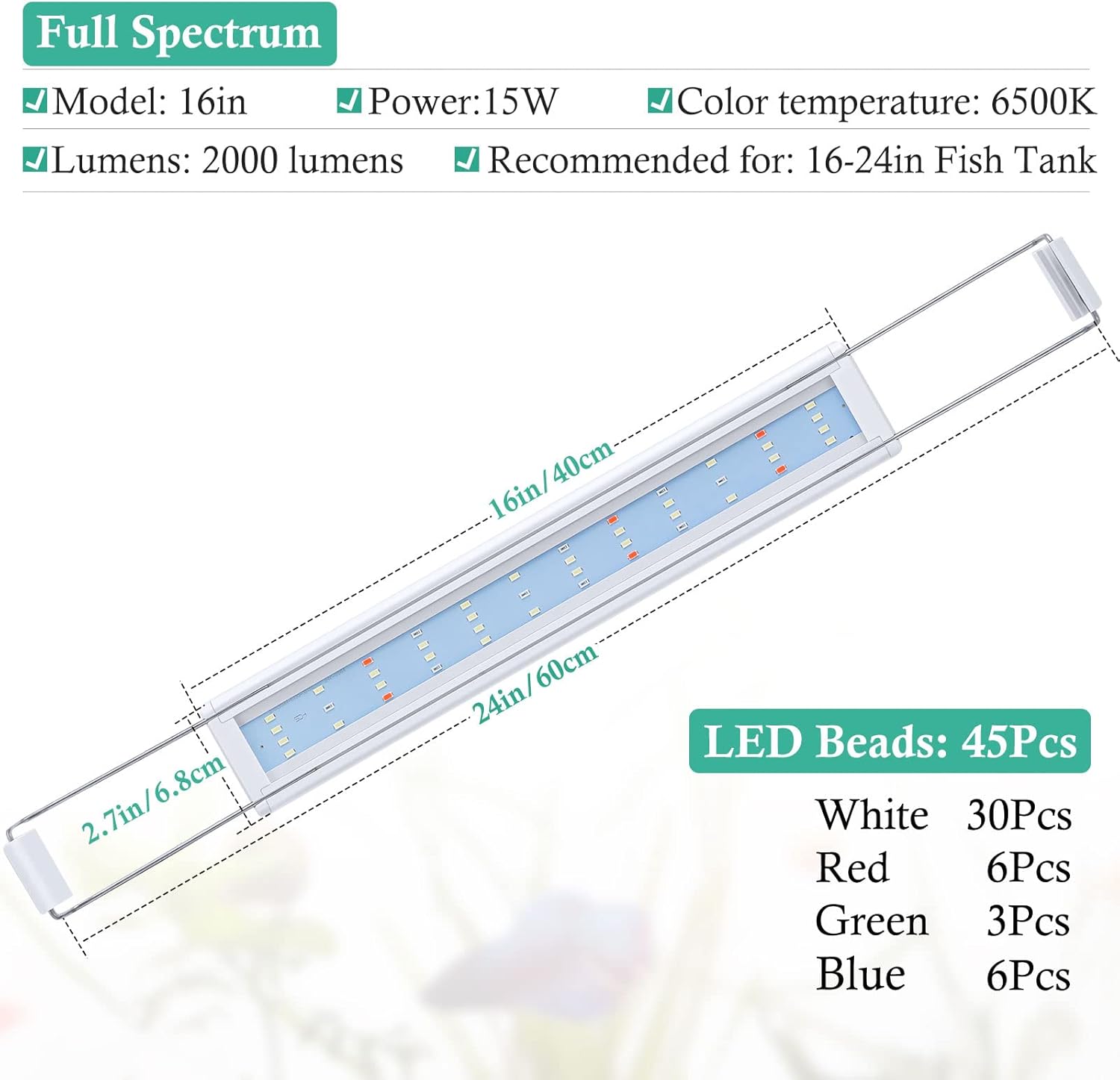 HITOP Full Spectrum LED Aquarium Light – 16-24” Classic Fish Tank Light with Timer, Aquarium Plant Light with Stable Extendable Brackets (16-24in)
