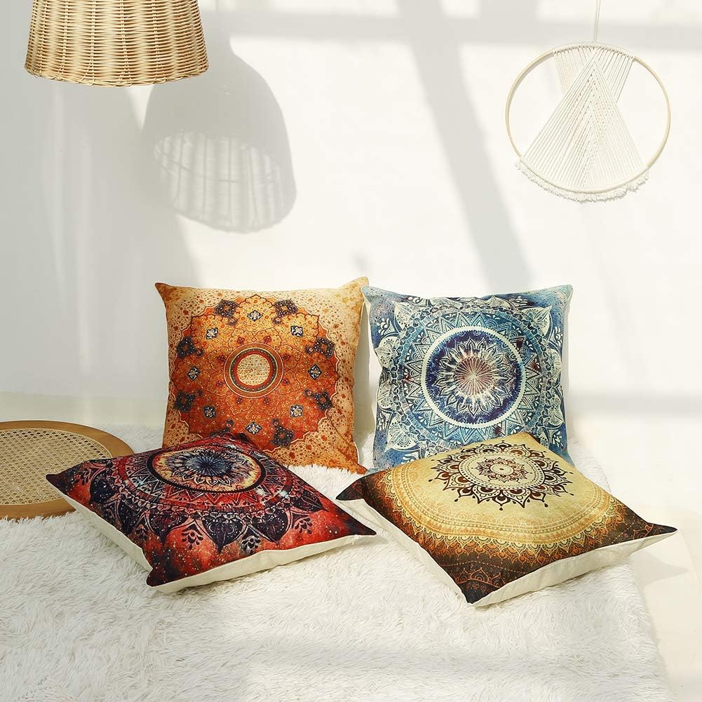 Jartinle Set of 4 Retro Floral Mandala Compass Medallion Bohemian Pillow Covers Boho Decor Hippie Throw Pillows Decorative for Sofa Couch 18 x 18 Floral Compass Medallion