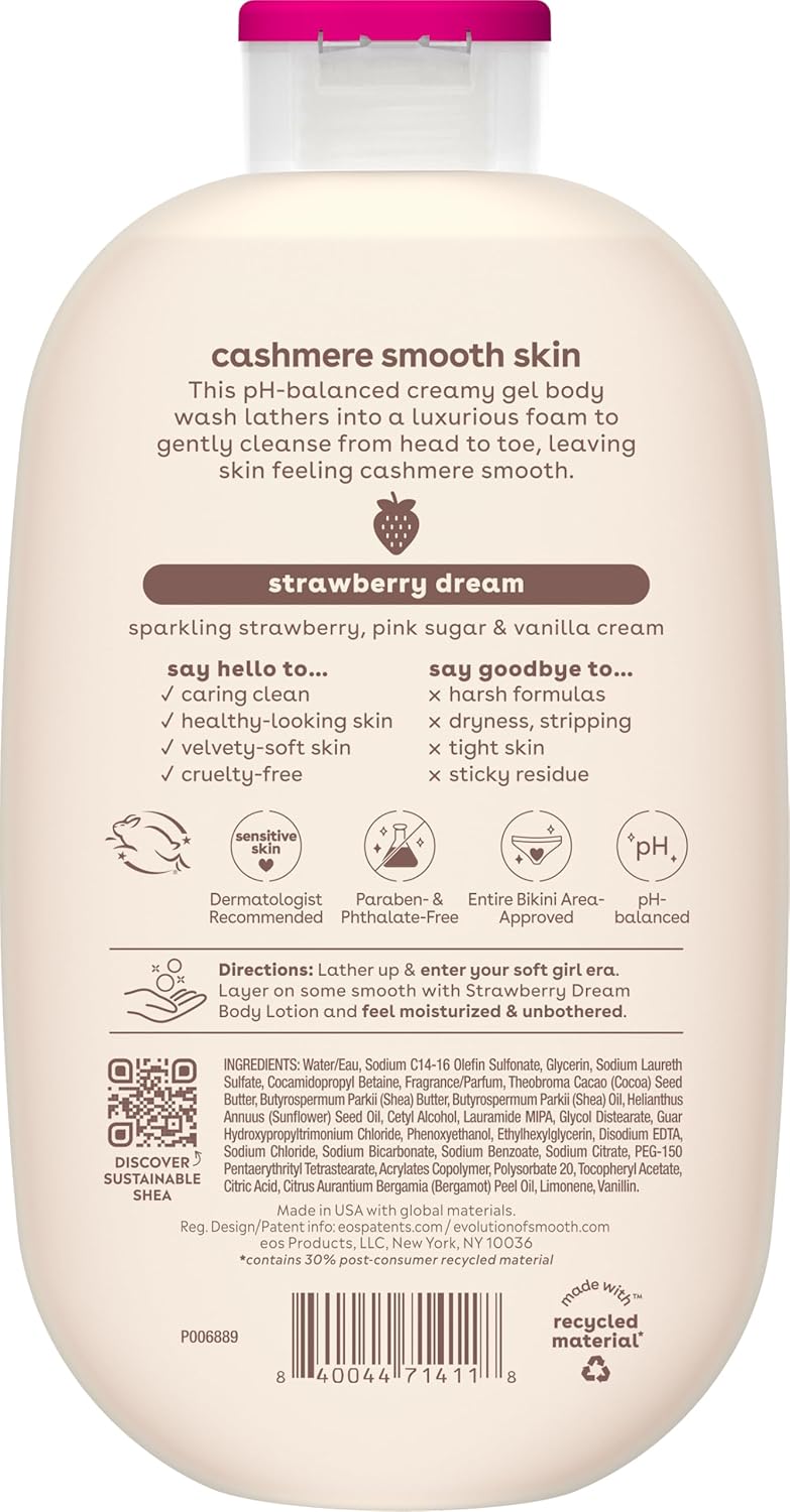 eos Cashmere Body Wash – Strawberry Dreams, Moisturizing Body Wash, Creamy Gel Formula, with Shea Butter, Glycerin, Vitamin E, pH Balanced, Sensitive Skin, Vegan, 16 fl oz Strawberry Dream 16 Fl Oz (Pack of 1)