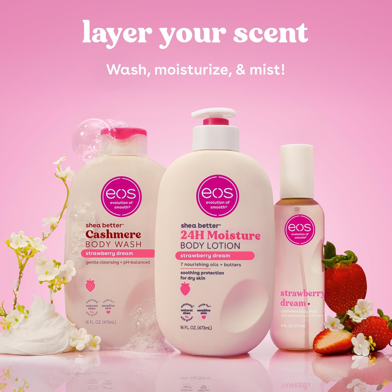 eos Cashmere Body Wash – Strawberry Dreams, Moisturizing Body Wash, Creamy Gel Formula, with Shea Butter, Glycerin, Vitamin E, pH Balanced, Sensitive Skin, Vegan, 16 fl oz Strawberry Dream 16 Fl Oz (Pack of 1)