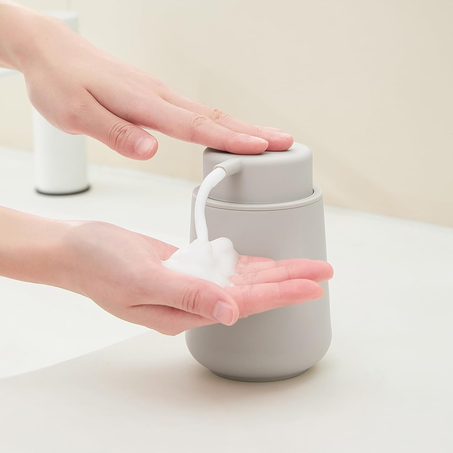 Matte Beige Foaming Hand Soap Dispenser Plastic 11 oz - Modern Minimalist Style for Bathroom & Kitchen Countertop Refillable Foam Beige