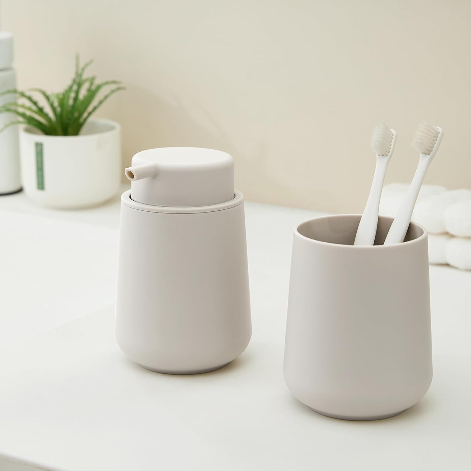 Matte Beige Foaming Hand Soap Dispenser Plastic 11 oz - Modern Minimalist Style for Bathroom & Kitchen Countertop Refillable Foam Beige