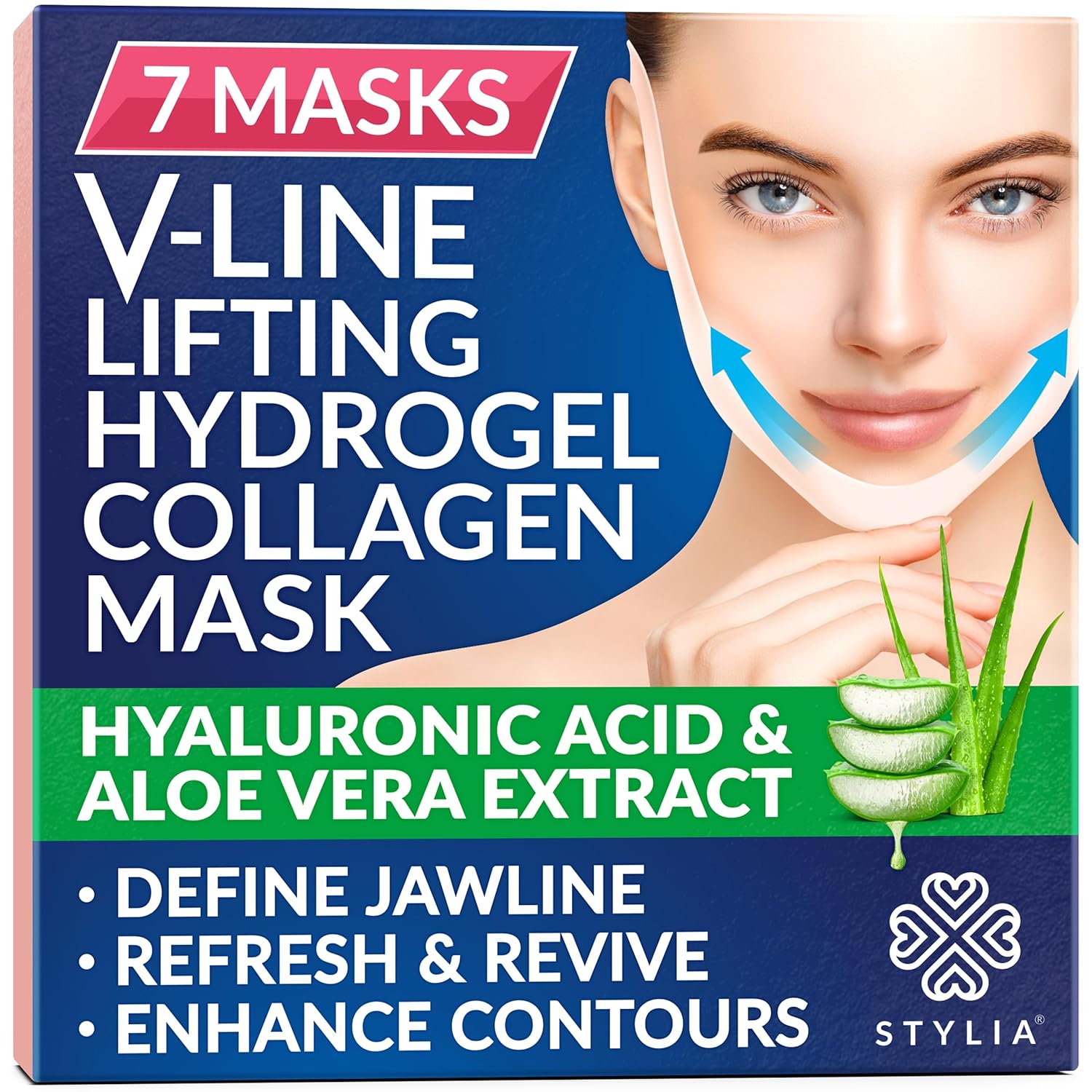 Stylia V Line Lifting Collagen Face Mask - Double Chin Strap for Women - Jawline Shaper Face Lift Tape - Neck Lift Collagen Mask - Chin Strap for Sleeping - Hyaluronic Acid, Aloe Vera, Cica 7PC 1 Count (Pack of 7)
