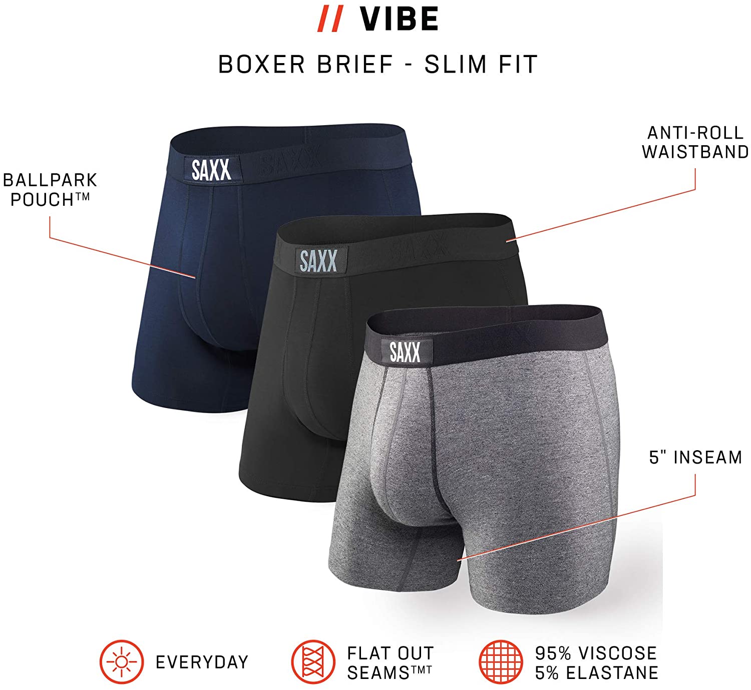 Vibe Boxer Briefs with Built-in Ballpark Pouch Support Saxx Men/'s Underwear Pack of 3