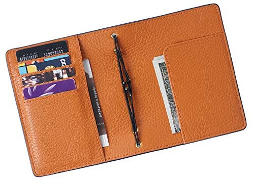 with Inner Pocket Card Slots Moterm Refillable Travelers Notebook Cover Passport Size, Blue-Orange 5.3 x 4.1 Inch Genuine Leather Travel Journal for Men & Women 
