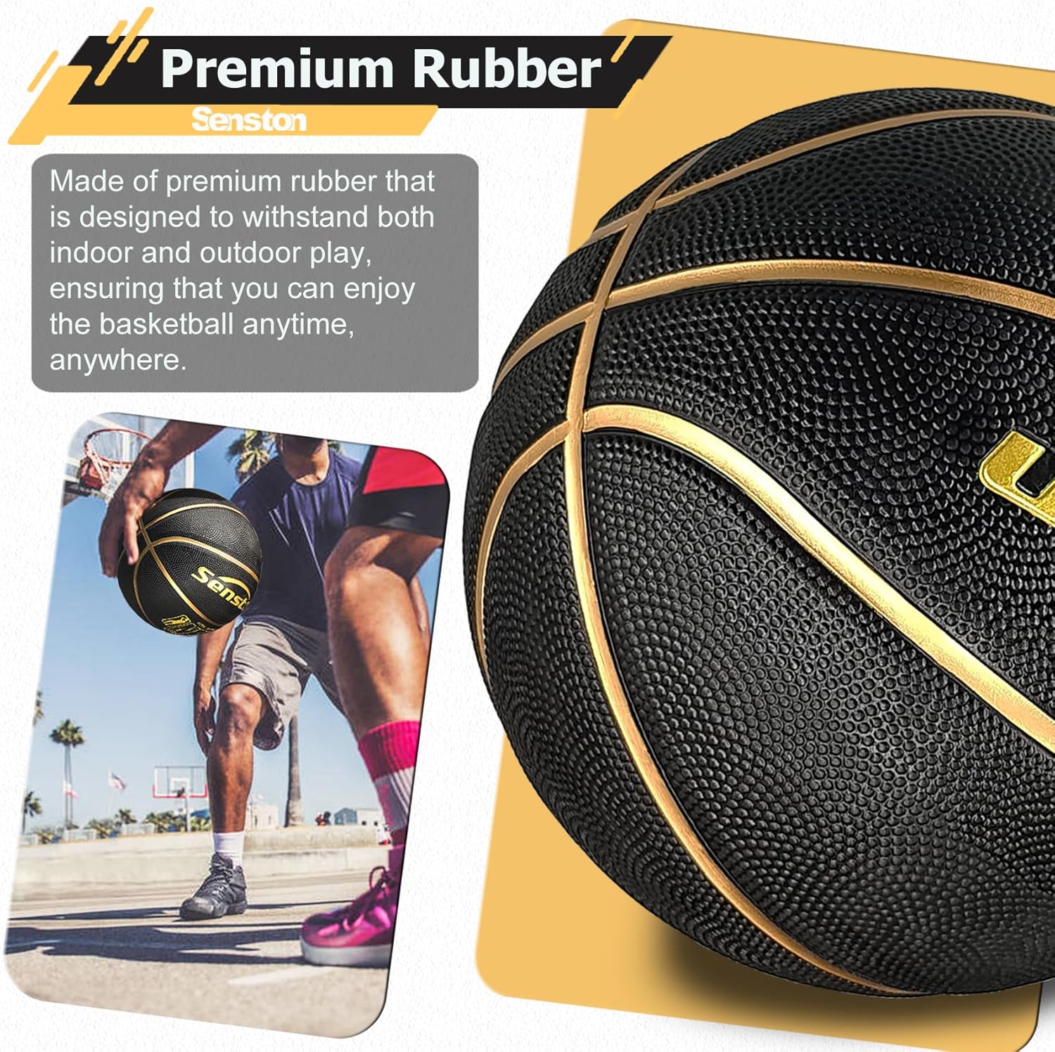 Senston 29.5'' Basketball Outdoor Indoor Rubber Basketball Ball Official Size 7 Basket Ball with Pump Black/Gold 29.5''(size 7)