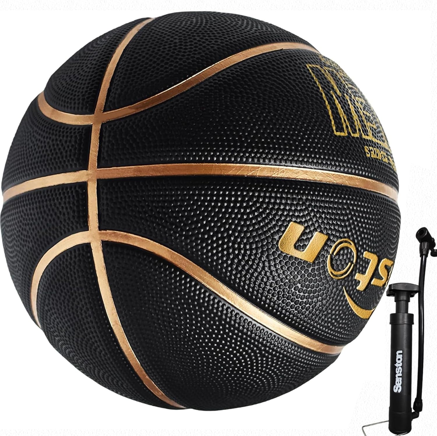 Senston 29.5'' Basketball Outdoor Indoor Rubber Basketball Ball Official Size 7 Basket Ball with Pump Black/Gold 29.5''(size 7)