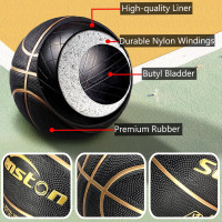 Senston 29.5'' Basketball Outdoor Indoor Rubber Basketball Ball Official Size 7 Basket Ball with Pump Black/Gold 29.5''(size 7)
