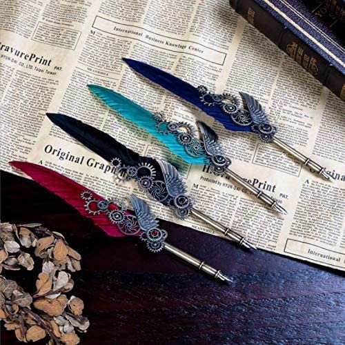 VANGOAL Steampunk Mechanics Style Quill Pen Set Blue Decor Luxury Antique Calligraphy Writing Dip Pen for Gift Metal Nibs Feather Fountain Pen with Ink 5 Replacement Nibs Set