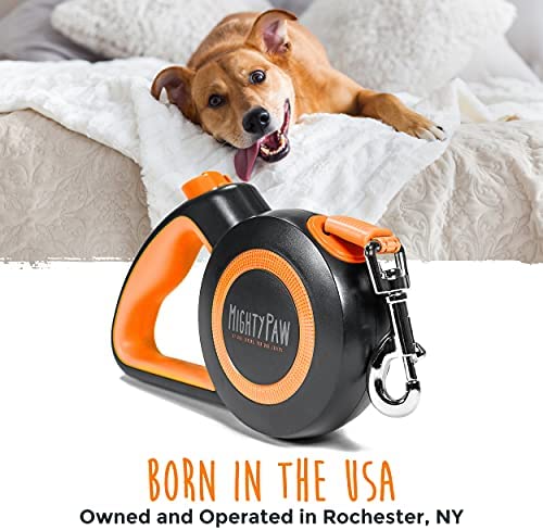 Mighty Paw Retractable Dog Leash 2.0 16’ Heavy Duty Reflective Nylon Tape Lead For Pets Up To 110 lbs Orange/Standard Tangle Free Design W/ One Touch Quick-Lock Braking System & Anti-Slip Handle.