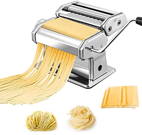 Lasagna Soldow 150 Roller Pasta Machine Stainless Steel Includes 2 in 1 Cutter Fettuccini Manual Pasta Maker Removable Handle and Clamp Thickness Adjustable Noodles Maker for Homemade Spaghetti 