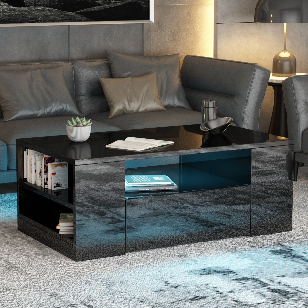 Modern living room rectangular coffee table tea table high gloss tea table white led16 with drawer remote control RGB