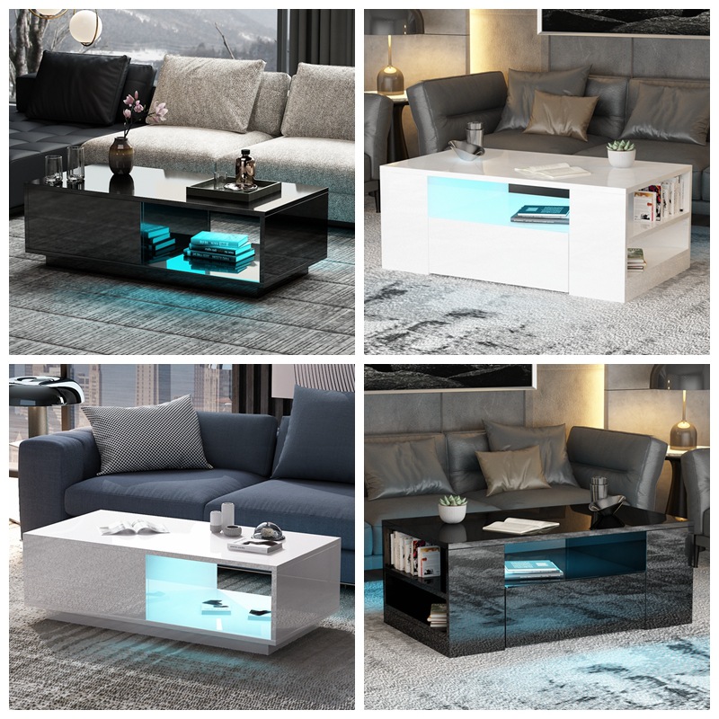 Modern living room rectangular coffee table tea table high gloss tea table white led16 with drawer remote control RGB