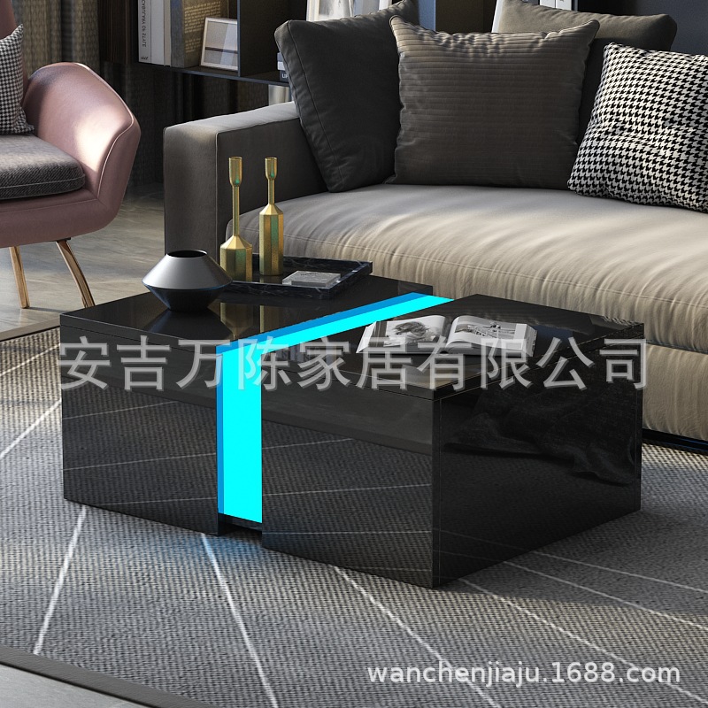 Modern living room rectangular coffee table tea table high gloss tea table white led16 with drawer remote control RGB