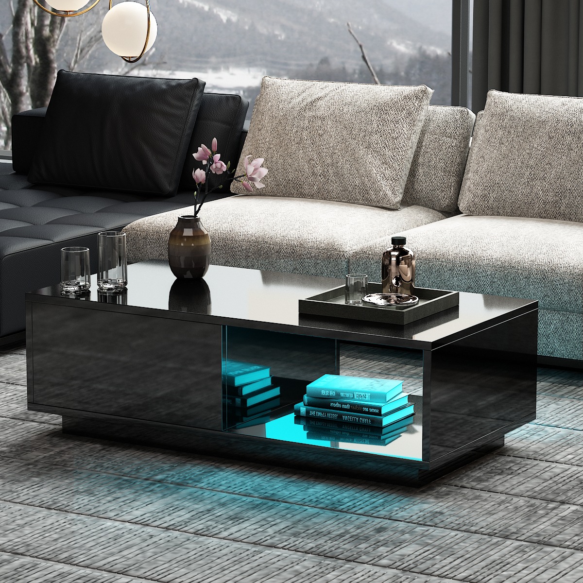 Modern living room rectangular coffee table tea table high gloss tea table white led16 with drawer remote control RGB