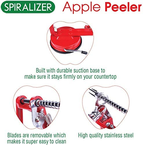 Red Durable Heavy Duty Die Cast Magnesium Alloy Peelers，Stainless Steel Blades Cast Magnesium Apple/Potato Peeler Corer by Spiralizer 
