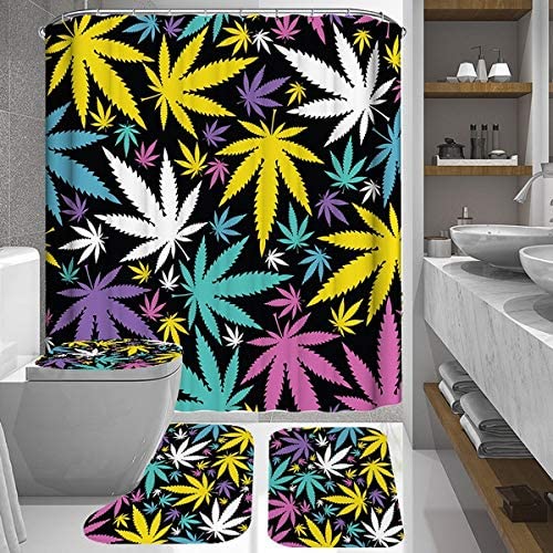 Green Marijuana Leaves Pattern Waterproof Fabric Shower Curtain Set Bathroom Mat 