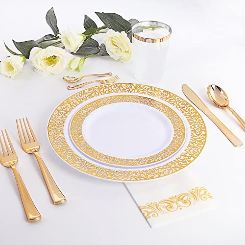 WDF 30Guest Pink Plastic Plates & Gold Plastic Silverware With Pink Handle-Baroque Pink &Gold Plastic Dinnerware for Upscale Wedding &Parties Bridal Shower 