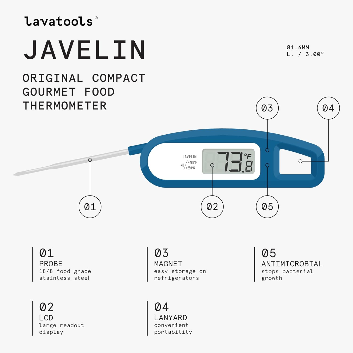 Lavatools Javelin® Ultra-Fast 2-Second Digital Instant Read Meat Thermometer for Grill and Cooking, 2.75