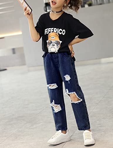 AMEBELLE Big Girls Kids' Ripped Jeans Elastic Waist Printed Hole Denim Pants 