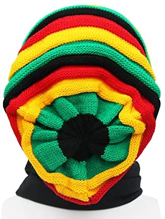 Unisex Jamaica Reggae Cap Rasta Slinky Beanie Multi-Colour Striped Slouchy Baggie Beanie Skullies Gorro Rasta Hat Black 