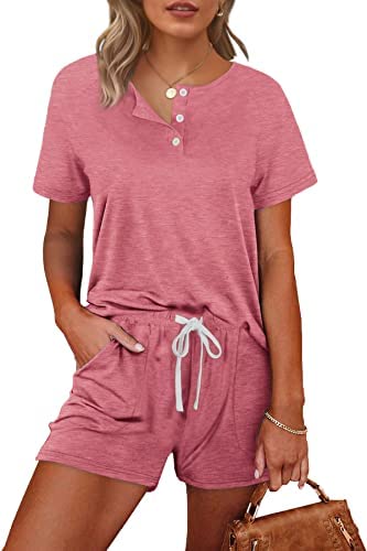 WIHOLL Two Piece Outfits for Women Lounge Sets Button Down Top and Shorts Set Sweatsuits with Pockets 
