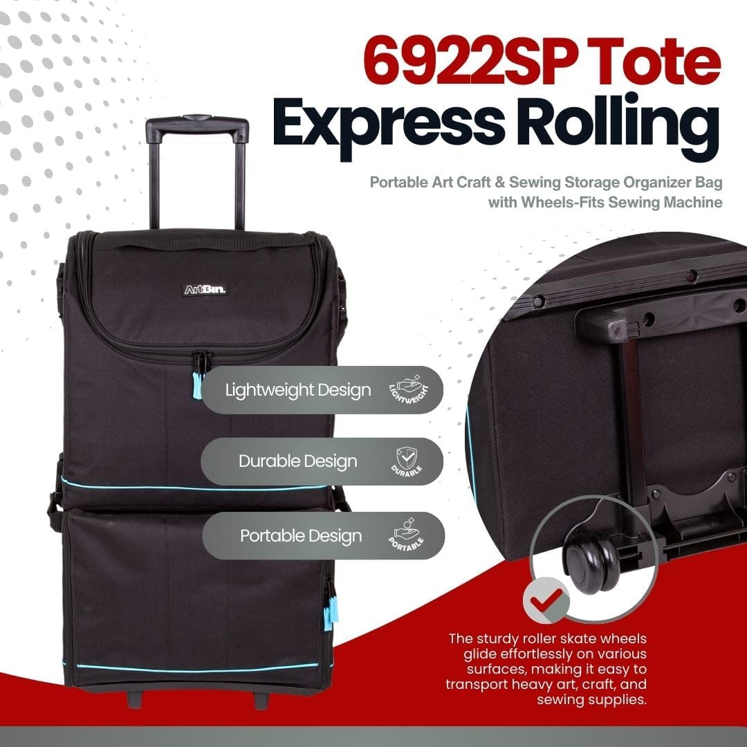 ArtBin 6922SP Tote Express Rolling Portable Art Craft & Sewing Storage Organizer Bag with Wheels-Fits Sewing Machine, 0, Black/Aqua