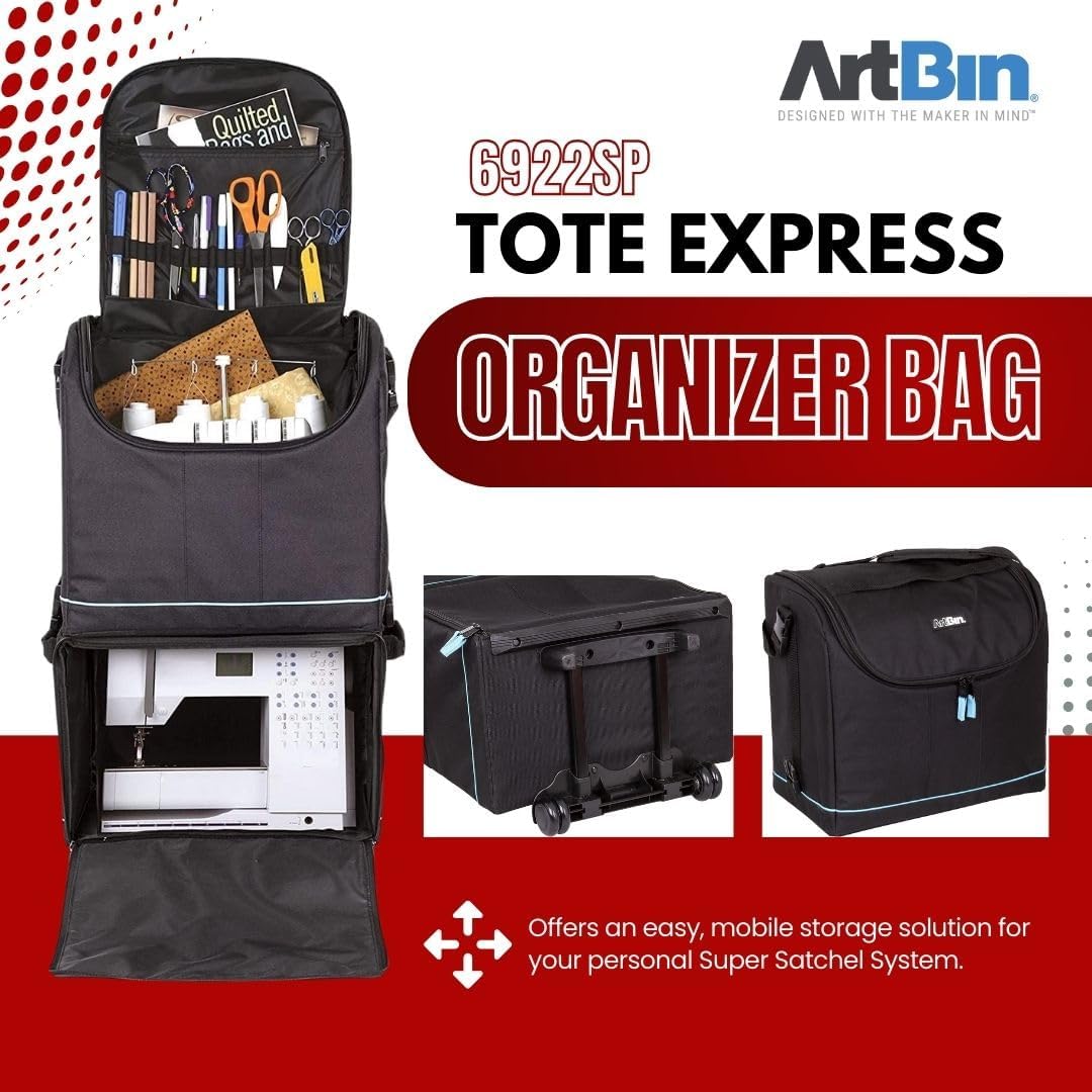 ArtBin 6922SP Tote Express Rolling Portable Art Craft & Sewing Storage Organizer Bag with Wheels-Fits Sewing Machine, 0, Black/Aqua