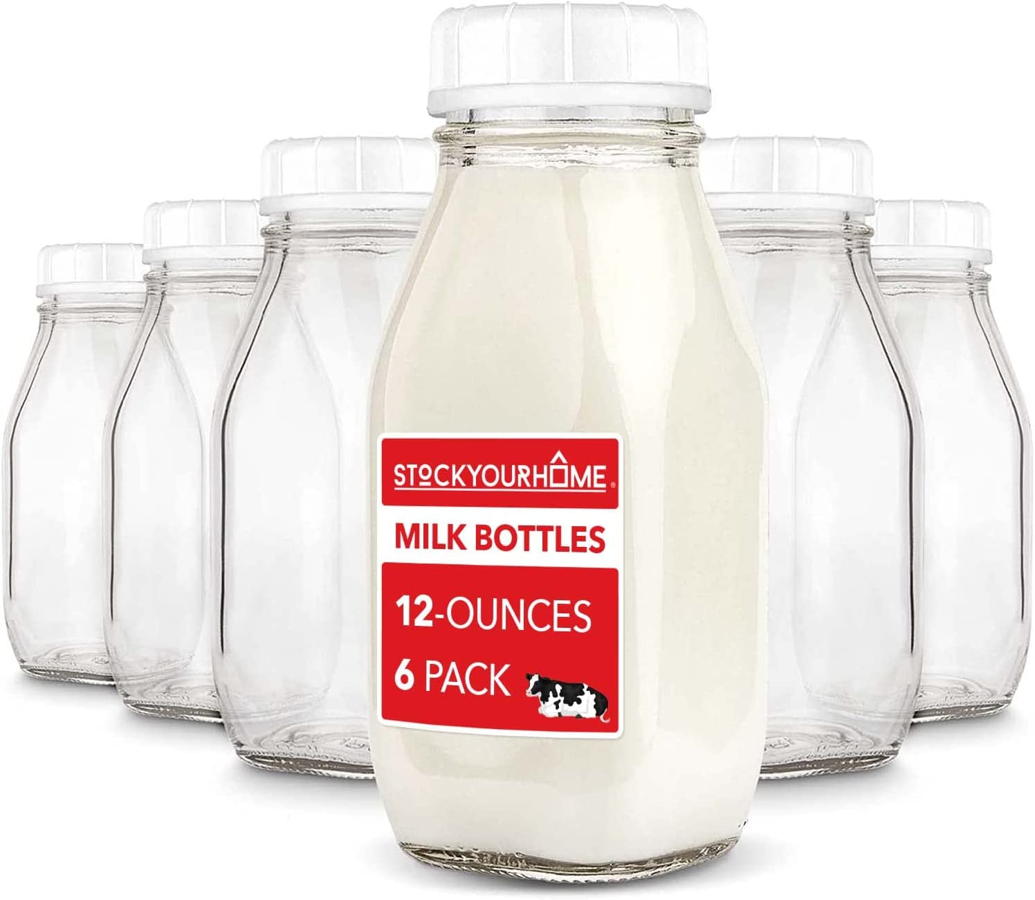 Glass Milk Bottles (6 Pack) - 12-Ounce Glass Milk Jars - 10 Tamper Proof  Snap-On Caps - Food Grade Glass Bottles with Lids - Bottles for Milk,  Oatmilk, Almond Milk - Dishwasher 