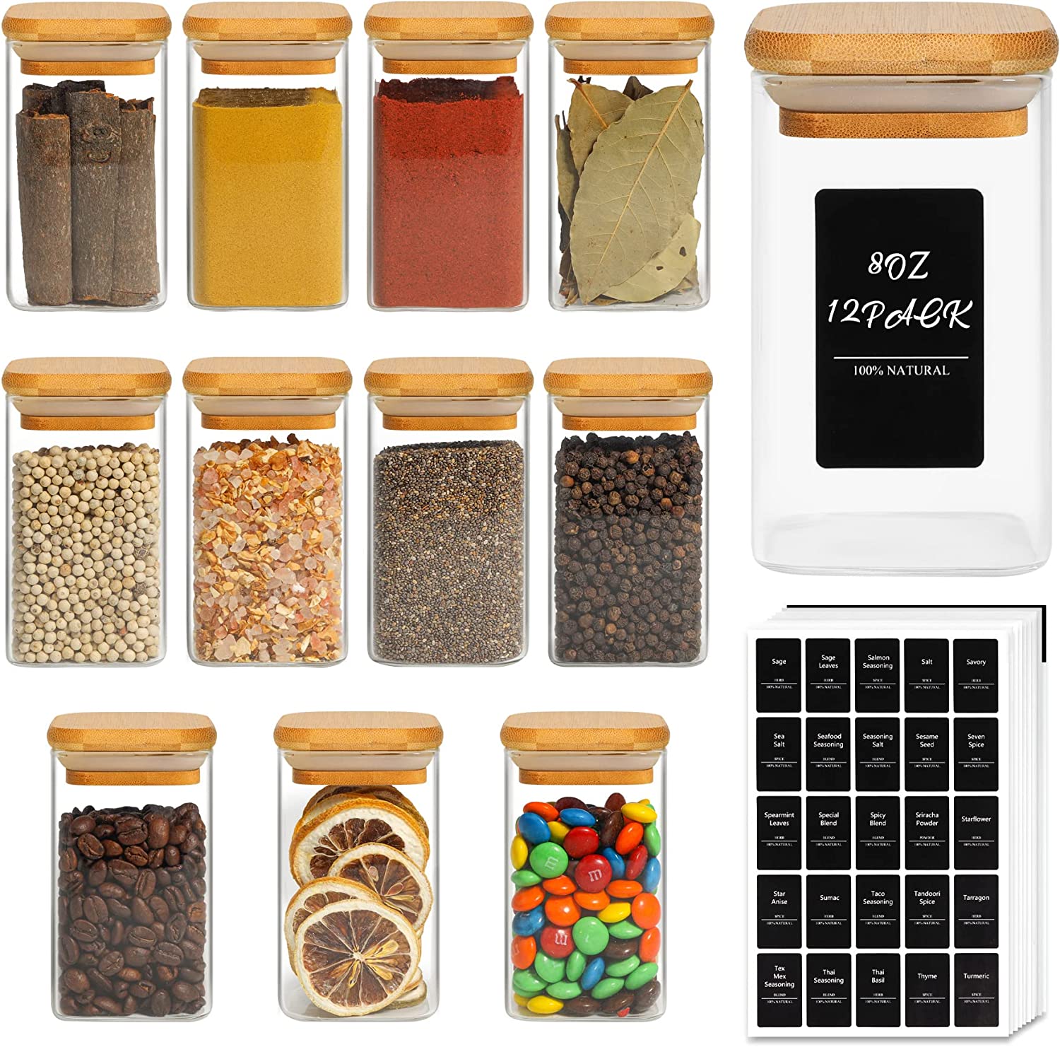 12 Pcs Glass Spice Jars With Bamboo Airtight Lids 8oz Thicken(2.4mm) Spice  Containers With 148 Minimalist Preprinted Waterproof Spice Labels Kitchen