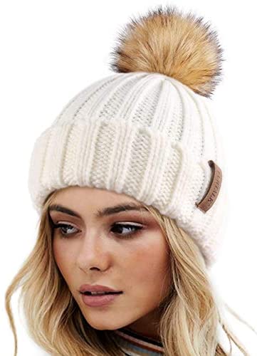 Arctic Paw Womens Winter Hat Cable Knit Beanie for Women Faux Fur Pompom Ears